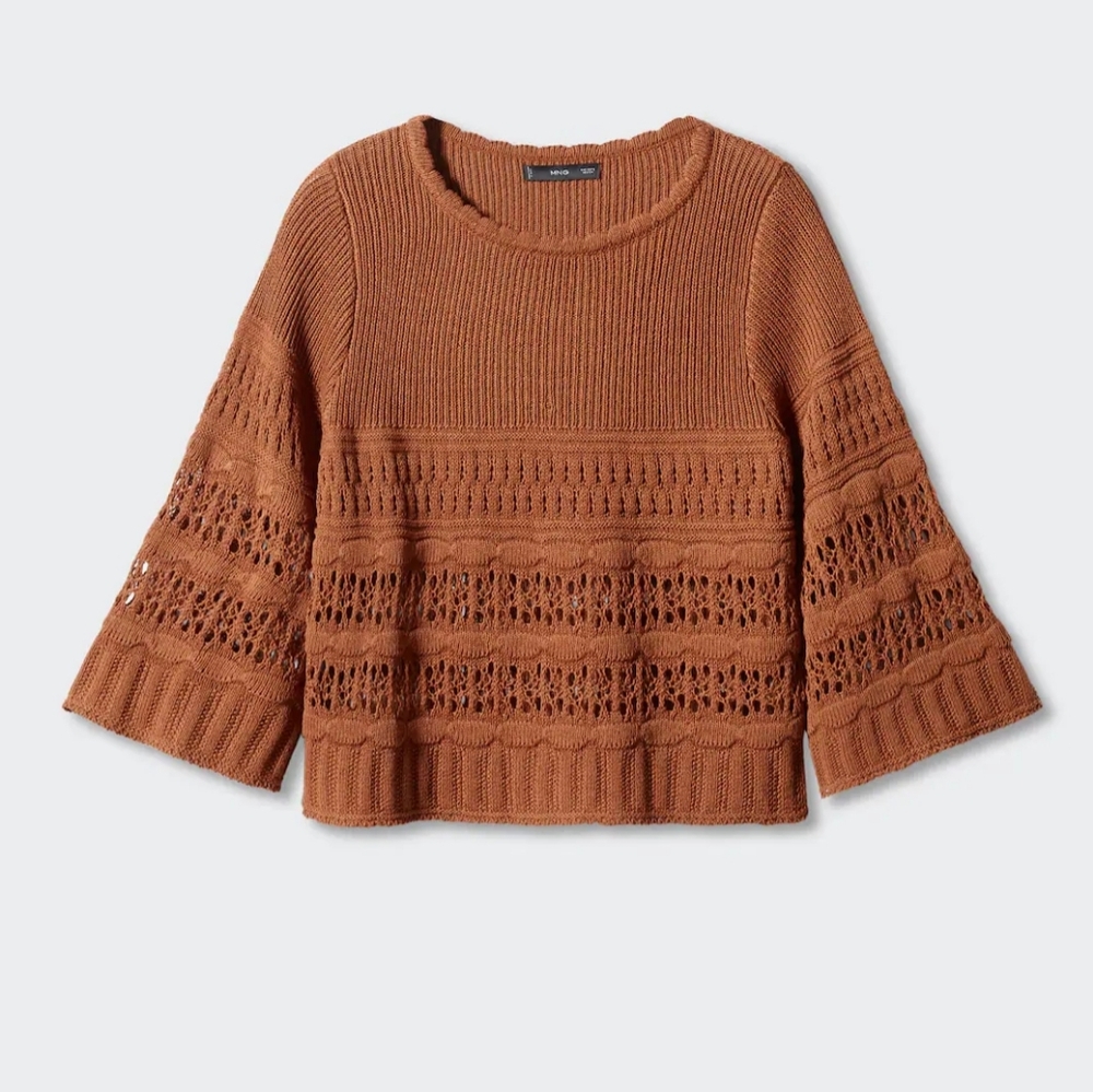 Openwork Sweater With Flared Sleeves Burnt Orange Small